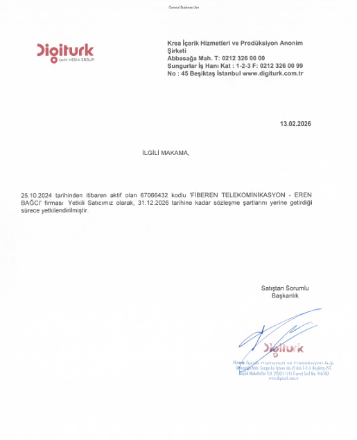 FİBEREN TELEKOMÜNİKASYON - EREN BAĞCI Digiturk bayi yetki belgesi